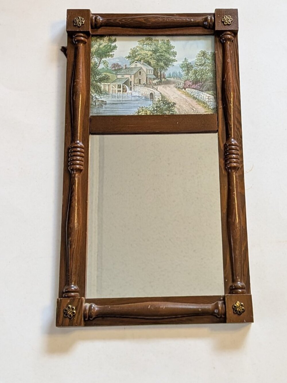 Vintage Wooden Mirror Wall Hanging "American Currier & Ives  The Roadside Mill
